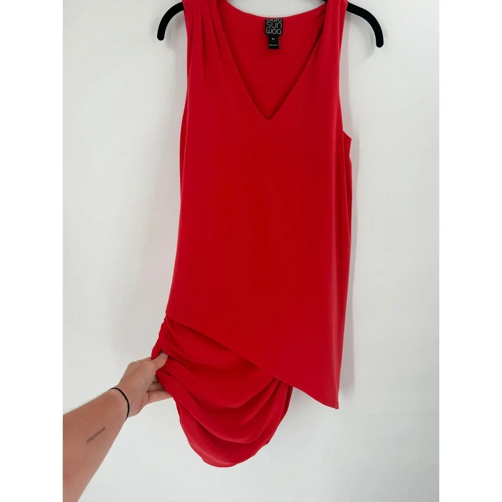Clara Sunwoo Asymmetrical Draped Dress Womens XS Red V-Neck Stretch‎ Avant Garde